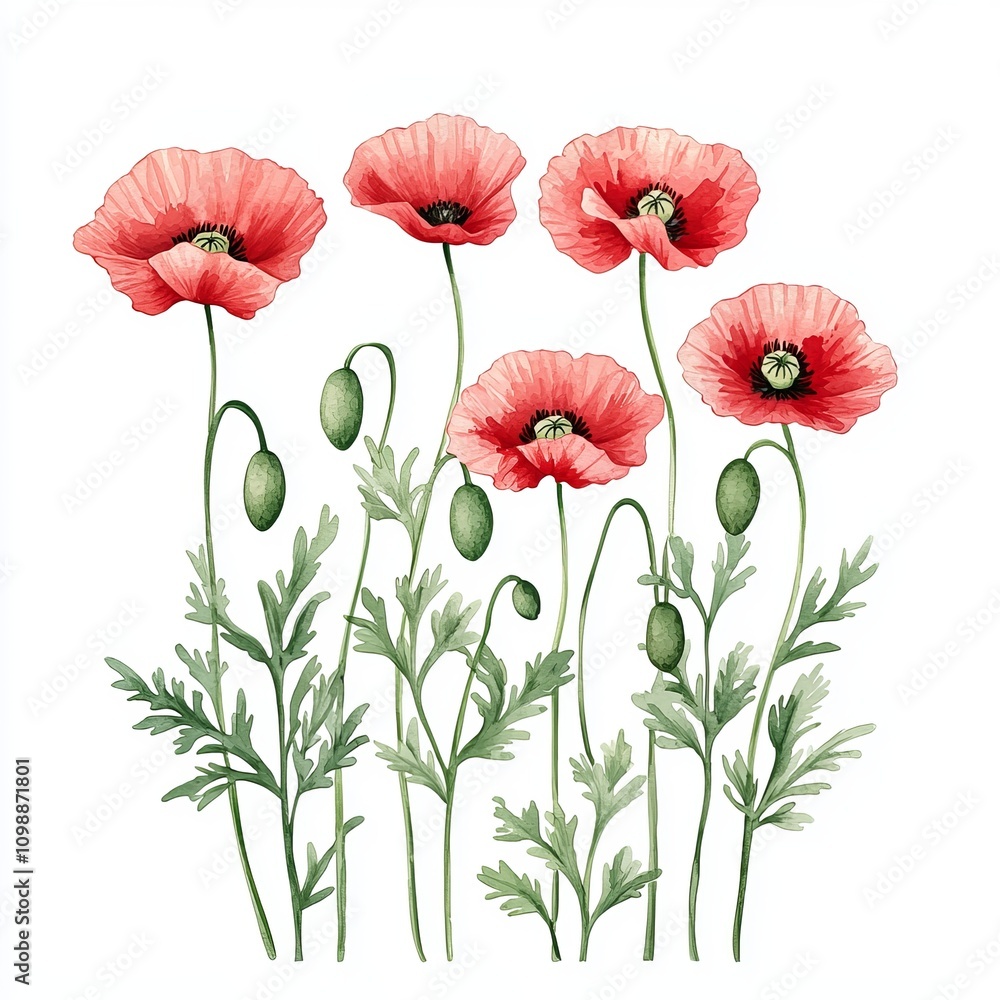 Obraz premium A vibrant illustration of red poppy flowers with delicate green leaves, showcasing their natural beauty and intricate details.