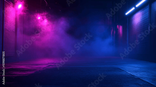 3D empty background scene. Dark street reflection on wet asphalt. Rays of neon colorful light in the dark, neon figures, smoke. Background of empty stage show. Abstract dark and neon light background.