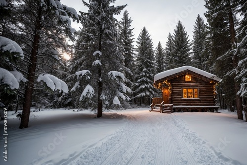 A picturesque winter landscape during Christmas, with snow-covered trees lining a winding path through a forest. The ground is blanketed with fresh snow, and delicate snowflakes gently fall from the g