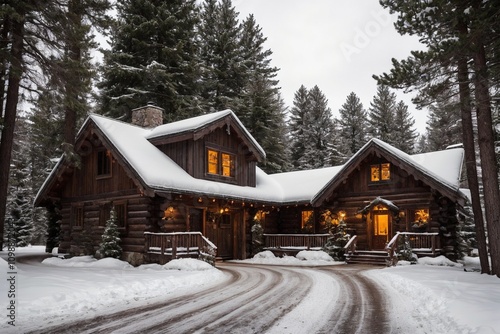 A picturesque winter landscape during Christmas, with snow-covered trees lining a winding path through a forest. The ground is blanketed with fresh snow, and delicate snowflakes gently fall from the g
