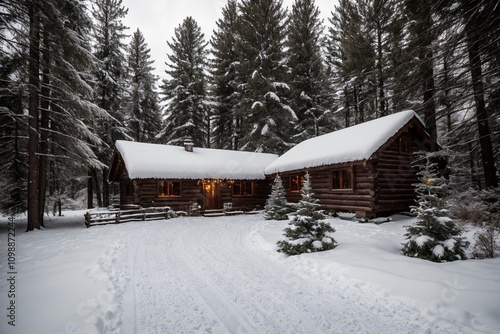 A picturesque winter landscape during Christmas, with snow-covered trees lining a winding path through a forest. The ground is blanketed with fresh snow, and delicate snowflakes gently fall from the g