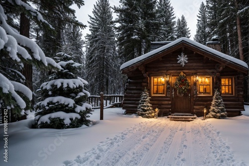 A picturesque winter landscape during Christmas, with snow-covered trees lining a winding path through a forest. The ground is blanketed with fresh snow, and delicate snowflakes gently fall from the g