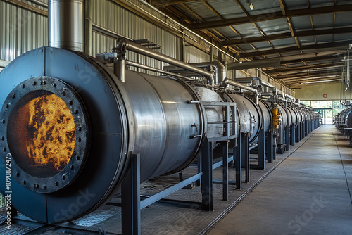 A modern biochar production facility with stainless steel pyrolysis chambers.