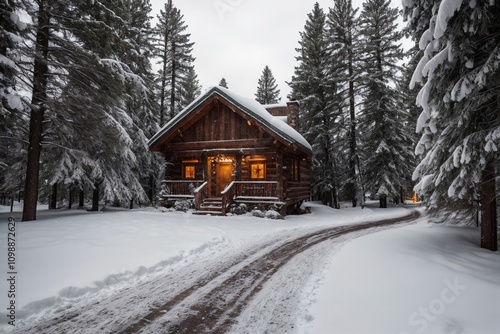 A picturesque winter landscape during Christmas, with snow-covered trees lining a winding path through a forest. The ground is blanketed with fresh snow, and delicate snowflakes gently fall from the g