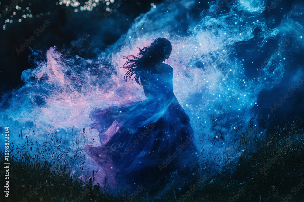 Obraz premium Aurora borealis melting into fairy dust trails, surreal dreamy scenario.