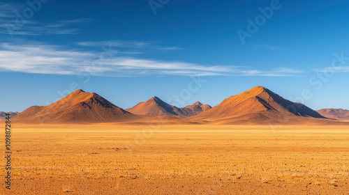 A vast desert landscape featuring three distinct mountains under a clear blue sky, highlighting the arid beauty of nature.