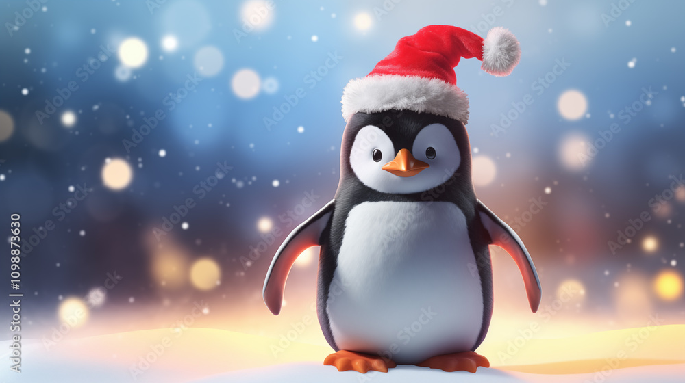 Fototapeta premium Cute penguin in a Santa Claus hat on a snowy landscape, festive holiday greeting card material with a cheerful character