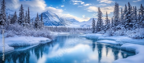 Serene Winter Wonderland: Majestic Mountains Reflecting on a Crystal River