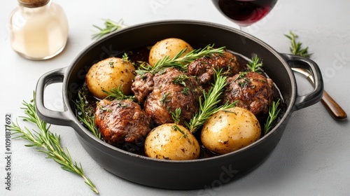 Hearty braised beef and potatoes with fresh rosemary in a rustic cast iron pot photo