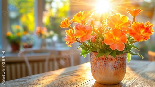 Sunlit orange flowers in rustic pot on wooden table photo