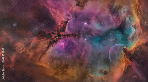 4K Cosmic Landscape with Vibrant Colors & Hyper-Realistic Details. Depth and dimension. Background, planets, nebula, stars, meteors