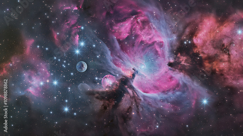 4K Cosmic Landscape with Vibrant Colors & Hyper-Realistic Details. Depth and dimension. Background, planets, nebula, stars, meteors
