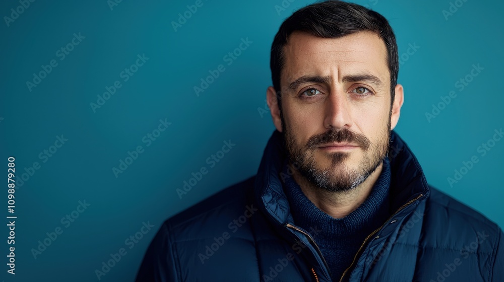 Fototapeta premium A portrait of a man with a serious expression, wearing a dark jacket against a teal background.
