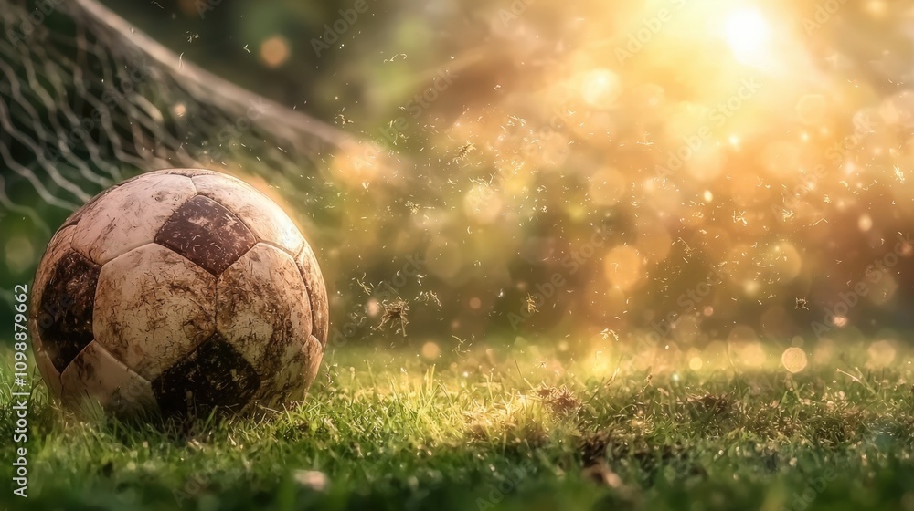 Fototapeta premium Vintage soccer ball in sunlit field with bokeh effect capturing nostalgic sports vibes