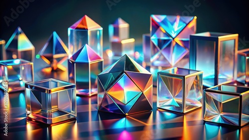 Abstract geometric shapes made of reflective and refractive glass material with dispersion effects, abstract, composition