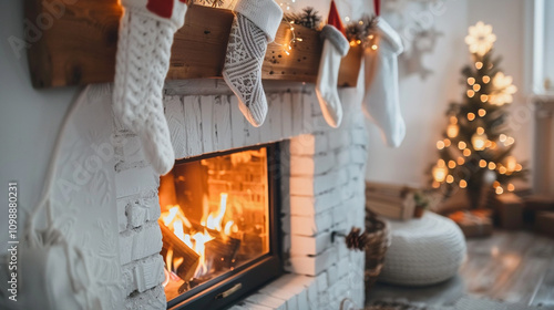 a cozy fireplace with stockings hanging christmas vibes photo