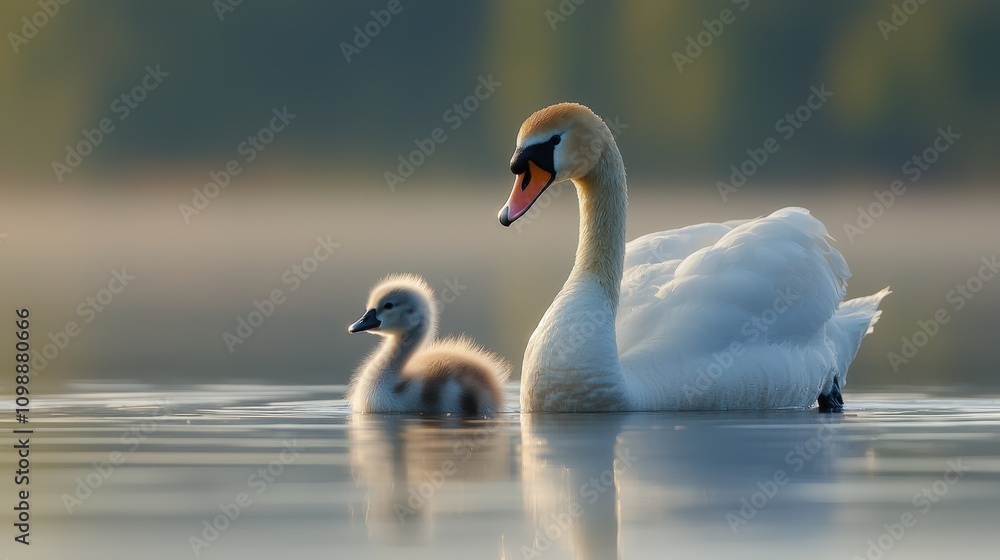 Fototapeta premium Majestic swan and fluffy cygnets gracefully floating on serene lake at dawn
