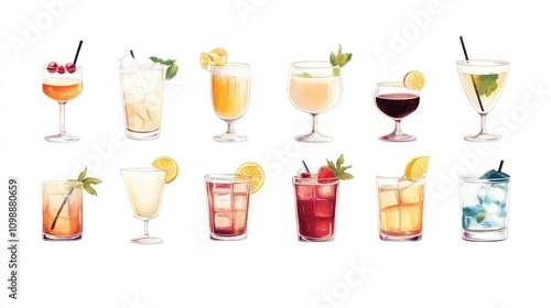 Wallpaper Mural A delightful collection of twelve assorted cocktails, meticulously illustrated in watercolor, showcasing a vibrant array of colors and garnishes. Torontodigital.ca