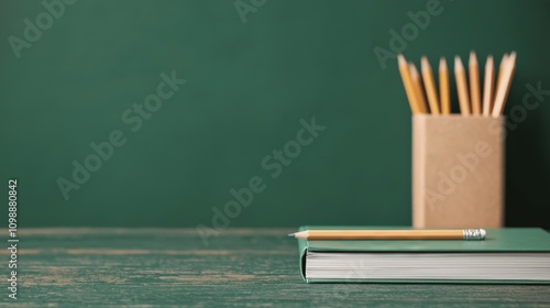 Pencils and book on wooden desk against green chalkboard background
