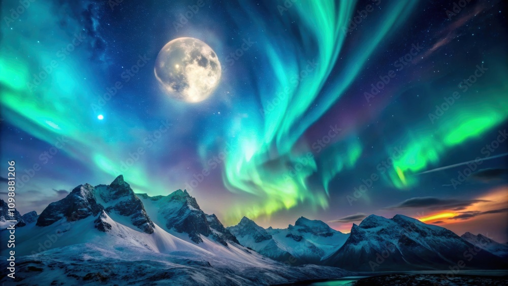 Fototapeta premium Low angle view of moon and clouds over mountains with aurora borealis in the sky, landscape, night, moon, clouds