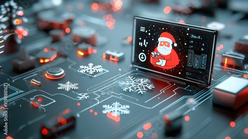 Digital Santa with Virtual Gift on Snowy Circuit Board