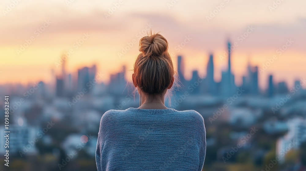 Fototapeta premium A woman gazes at a sunset over a city skyline, creating a serene and contemplative atmosphere.