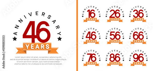anniversary set logotype. vector design red color with orange ribbon can be use for celebration