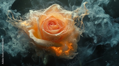 A single peach rose engulfed in swirling smoke and glowing embers, set against a dark background.
