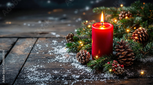 Christmas scene with a red candle, pine cones, and fir branches with twinkling lights on a rustic wooden background, creating a warm and festive atmosphere. Perfect for holiday cards, banners, or wint photo