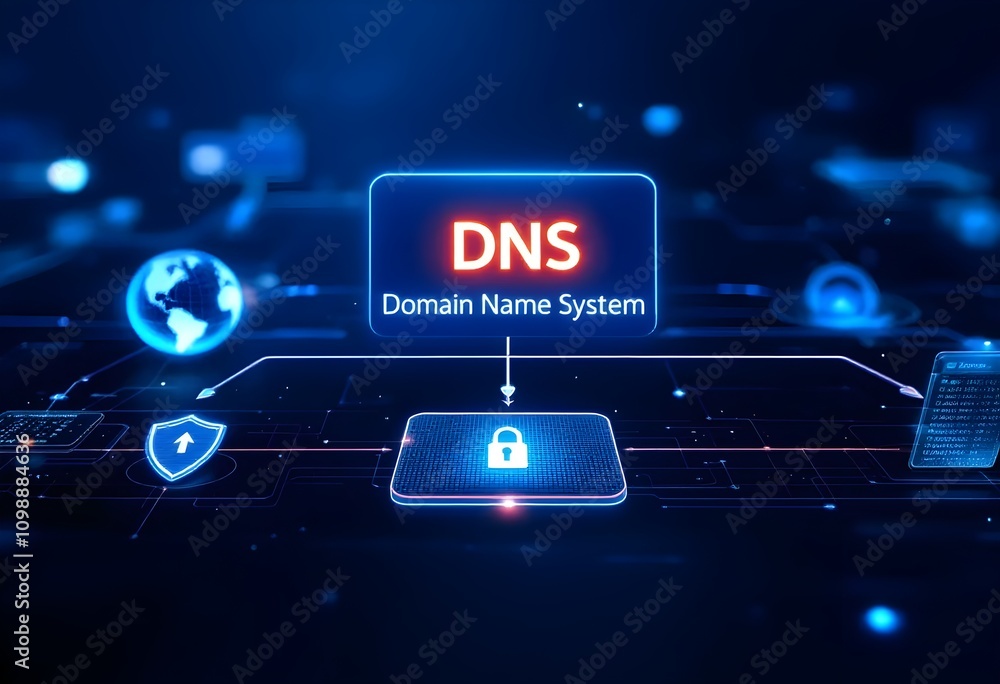 Fototapeta premium DNS - Domain Name System and Website Concept. DNS interface showcasing icons for internet connectivity, data security, website management, and server operations, highlighting its role in internet infr