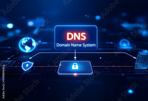DNS - Domain Name System and Website Concept. DNS interface showcasing icons for internet connectivity, data security, website management, and server operations, highlighting its role in internet infr