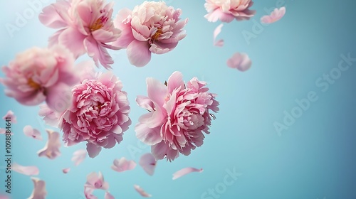Peony flowers and petals fly in the air. Floral background