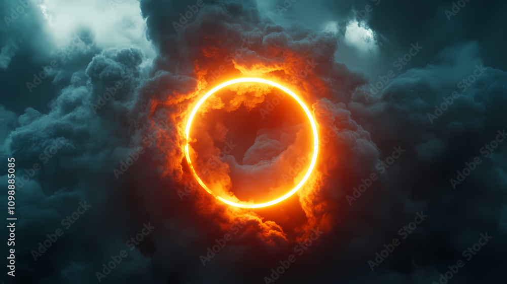 Fototapeta premium 3d render, colorful neon ring glowing inside the stormy cloud on the dark sky, abstract background. Neon. Illustration