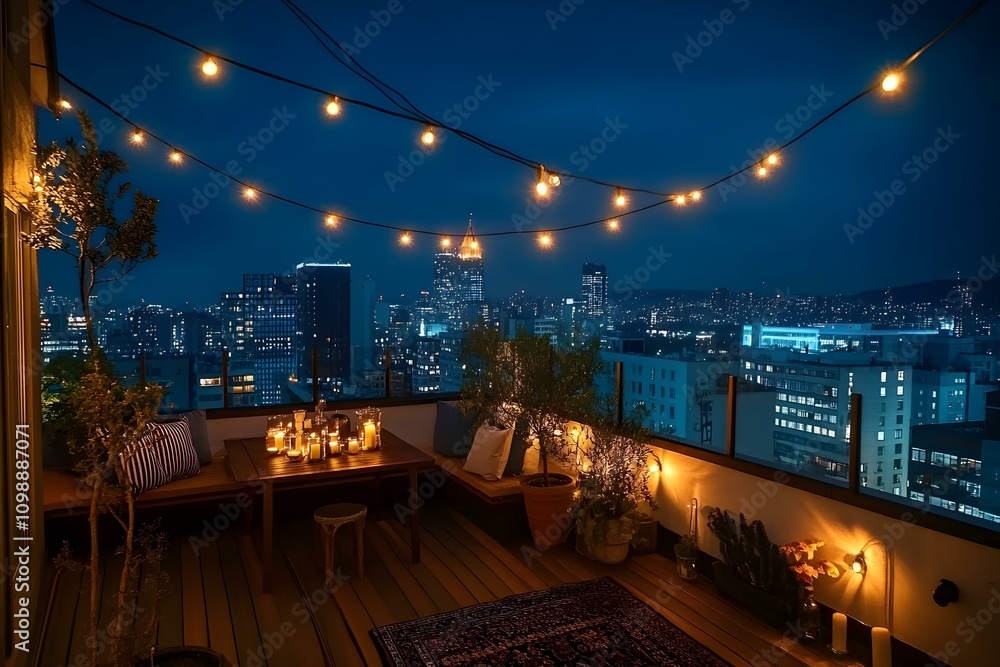 Obraz premium Romantic Rooftop Terrace Overlooking City Skyline