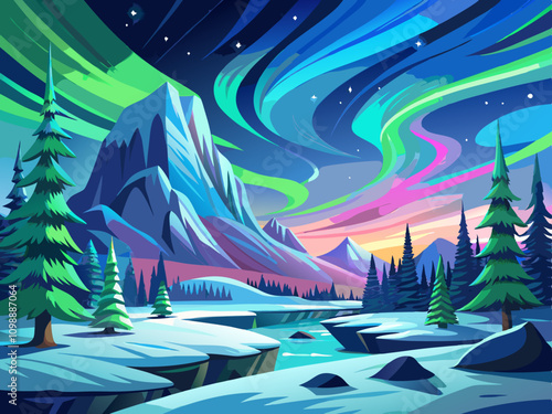 winter landscape and aurora