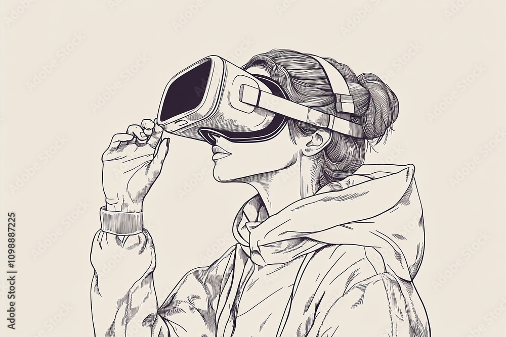 Naklejka premium Vector illustration of fashion figure exploring virtual reality, simple line art.