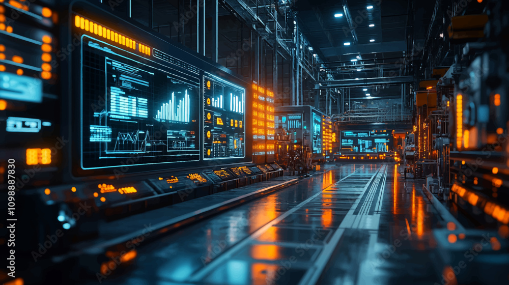 Futuristic Technology Team of Engineers and Professionals Workers in Industry Manufacturing Factory that is Visualized with Graphics into Connected Automated Machinery. High Tech Industry 4.1.