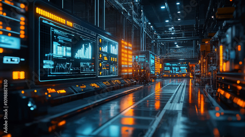 Futuristic Technology Team of Engineers and Professionals Workers in Industry Manufacturing Factory that is Visualized with Graphics into Connected Automated Machinery. High Tech Industry 4.1.