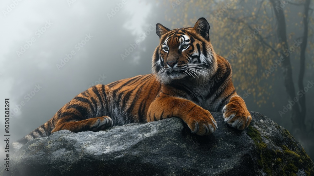 Obraz premium Muscular Cat Resting on a Rock in Misty Environment