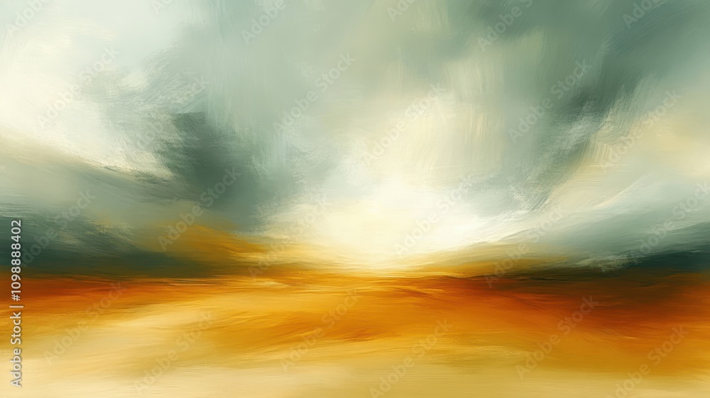 Obraz premium Abstract Landscape with Dramatic Sky and Golden Horizon Capturing the Essence of Tranquility and Emotions in Nature's Palette of Warm Colors and Soft Textures