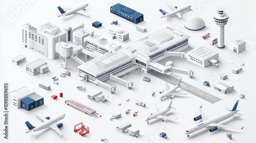 Isometric Airport Terminal Vector Design with Plane Elements