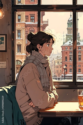 woman sitting by a window in café,  The woman is wearing a scarf .winter background is a cityscape with tall buildings cartoon anime style 