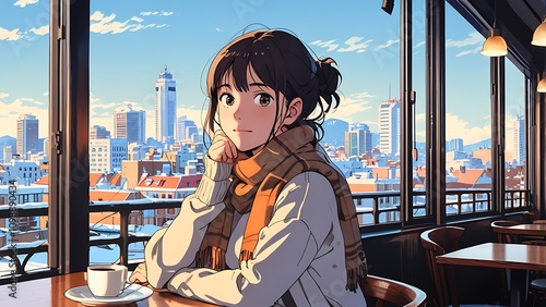woman sitting by a window in café,  The woman is wearing a scarf .winter background is a cityscape with tall buildings cartoon anime style 