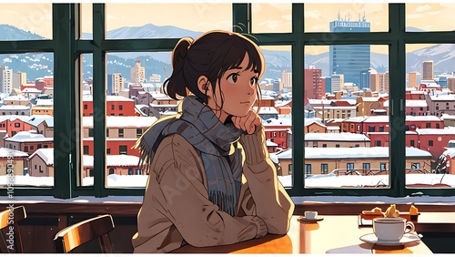 woman sitting by a window in café,  The woman is wearing a scarf .winter background is a cityscape with tall buildings cartoon anime style 