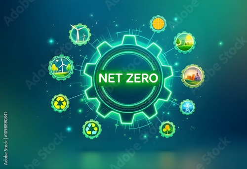 Carbon Footprint Concept. Man interacting with a conceptual display of net zero carbon emissions goals, featuring sustainability icons for carbon reduction, CO2 neutrality, and climate change