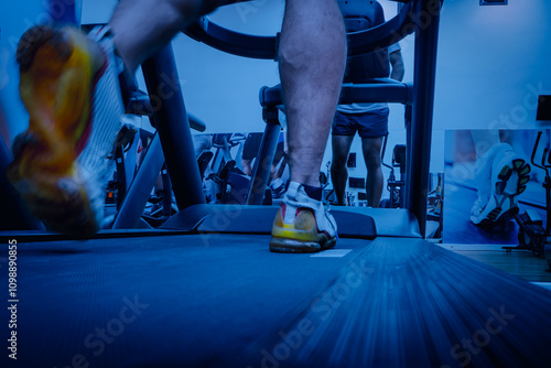 Deportista entrenando en gimnasio sobre cinta de correr. photo