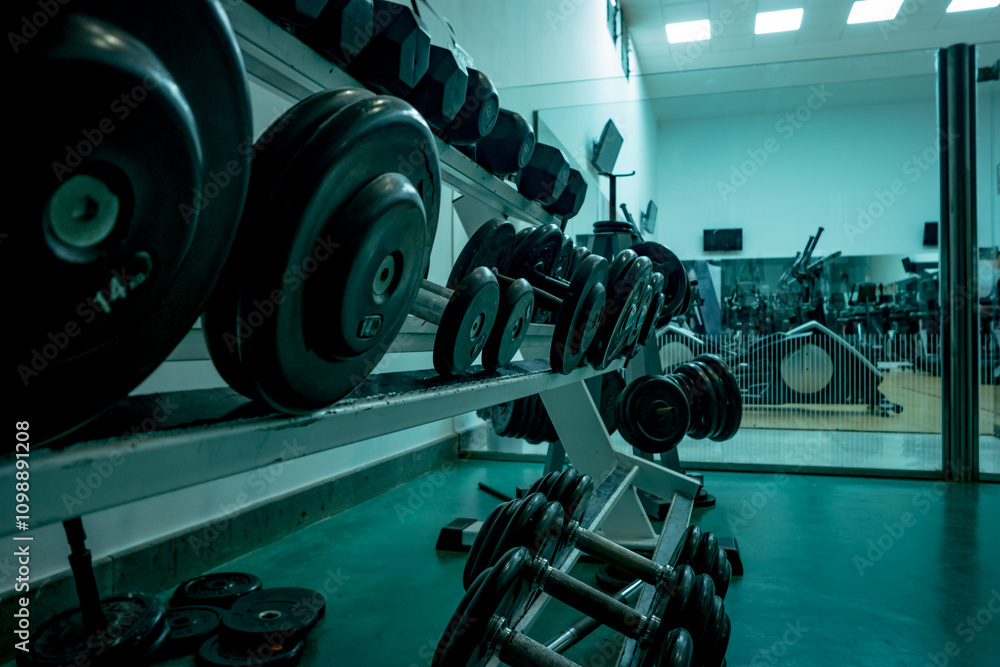 Fototapeta premium Gimnasio, vista integra con todas las maquinas para ejercicios fitnes y de cardio.