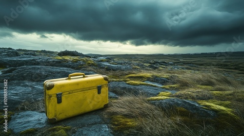 A lone yellow suitcase forgotten on a rocky landscape, surrounded by moss and grass, with a dramatic, stormy sky overhead, conveying feelings of abandonment