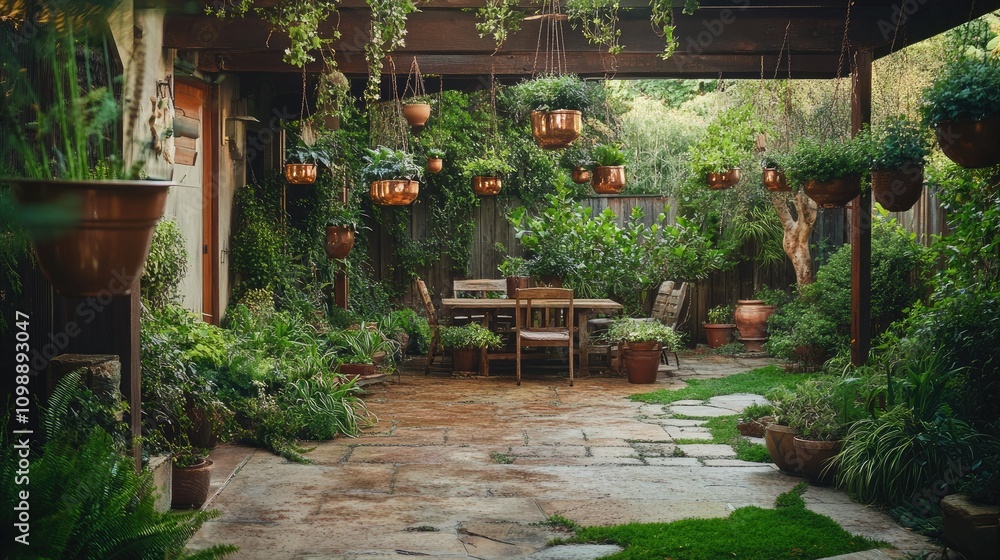Obraz premium A rustic backyard terrace adorned with hanging copper pots overflowing with lush greenery, creating a serene, inviting space surrounded by nature