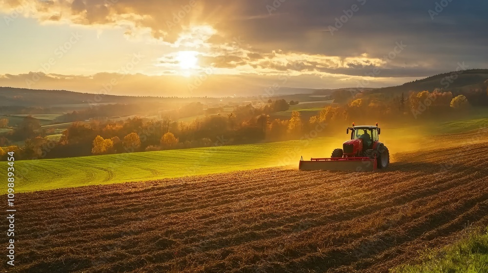 Fototapeta premium A tractor plowing an expansive autumn countryside field as the sun sets behind, casting beautiful golden light over the rural farming landscape